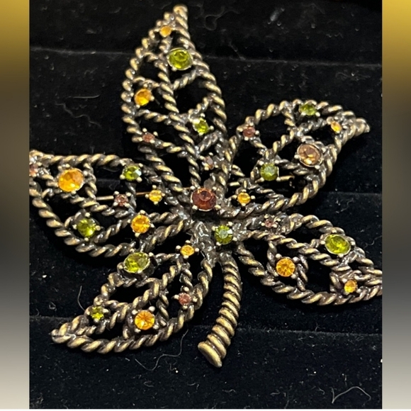 Nina Ricci Jewelry - Nina Ricci Avon Gold Tone Green Yellow Topaz Rhinestone Leaf Brooch Pin, Signed